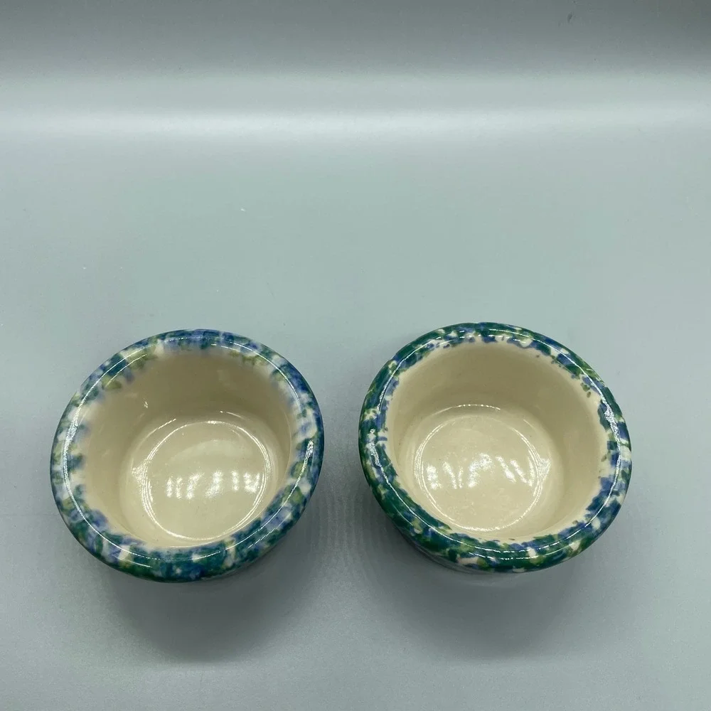 Handmade Ceramic Ramekin‎ Set of 2 Blue Green Spongeware Pottery Dipping Bowls